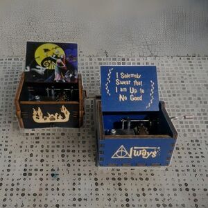 (2) Hand Cranked Wooden Music Boxes Nightmare Before & Harry Potter 2x2.5x1.5